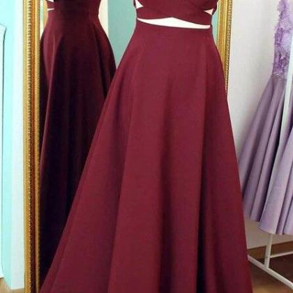 Two Piece Straps Burgundy Long Prom..