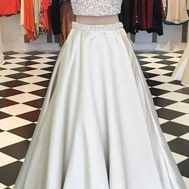 Two Piece Beaded Prom Dress, White A-line Prom..