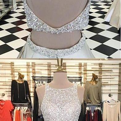 Two Piece Beaded Prom Dress, White A-line Prom..