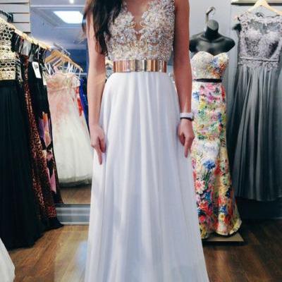 Custom Made Round Neck Ivory Chiffon Prom Dresses with Gold Belt and White Beading, Formal Dresses