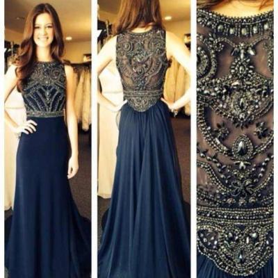 Custom Made A Line Dark Navy Blue Beaded Long Prom Dresses 2015, Formal Dresses, Navy Blue Evening Dresses, Graduation Dresses