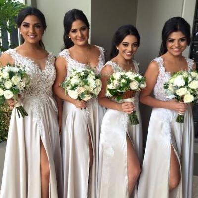 Lace Appliques Bridesmaid Dresses A-Line Side Slit Wedding Party Gowns