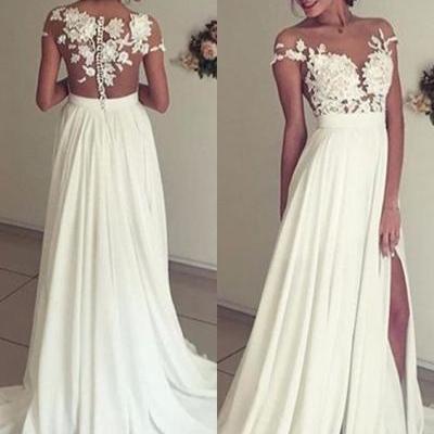 Elegant Lace Appliques 2016 Wedding Dress, Long Chiffon Split Wedding Dress, Formal Wedding Wear, Chiffon Prom Dress, White Prom Dress