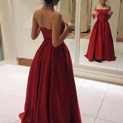 Elegant Red Satin Sweetheart Ball Gown Prom Dress, Senior Prom Party Dresses