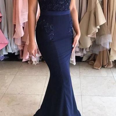 Navy Blue Prom Dress, 2017 Prom Dress, Mermaid Prom Dress, Navy Blue Long Prom Dress, Strapless Mermaid Appliques Long Prom Dress, Woman Evening Dress