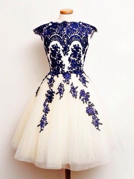 Lovely Short Tulle Round Neckline Knee Length With Blue Applique Prom Dress/evening Dress Lace Applique Details, Short Prom Dresses, Prom Dresses