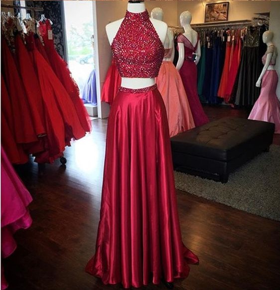 Charming Dark Red Burgundy Long Two-pieces Homecoming Dress, Evening Dress, Prom Dress, Sexy High-neck Wine Red Evening Dress, Wedding Reception Dress