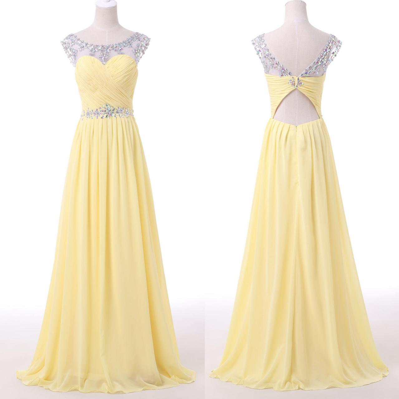 Yellow Beaded Illusion Chiffon Prom Dress With Cut Out Back, Charming Beading Long Woman Evening Dress