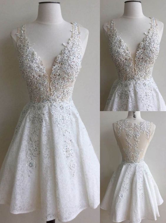 Homecoming Dress, Ivory Lace Homecoming Dress,short Prom Dress, Special Ocassion Dress, White Prom Dress,gorgeous V-neck Prom Dress,formal Prom