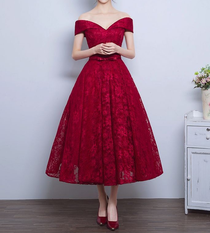 1950s Audrey Hepburn Vintage Inspired Off Shoulder Lace Prom Formal Dress, Burgundy Lace Prom Dress, Lace Evening Dress, Lace Dress, Woman