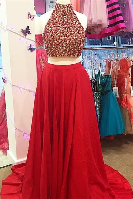 Sexy A-line Two-piece Beads High-neck Red Long Prom Dress/Evening Dress with Side Slit, Red Prom Dress