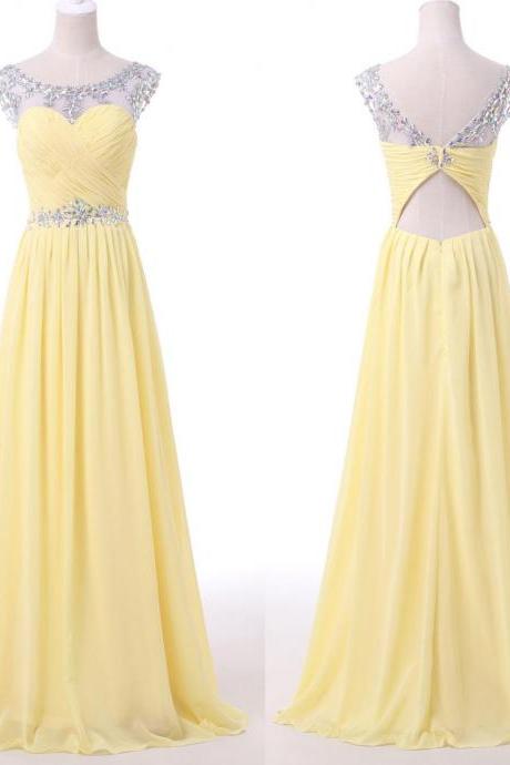 Yellow Beaded Illusion Chiffon Prom Dress With Cut Out Back, Charming Beading Long Woman Evening Dress