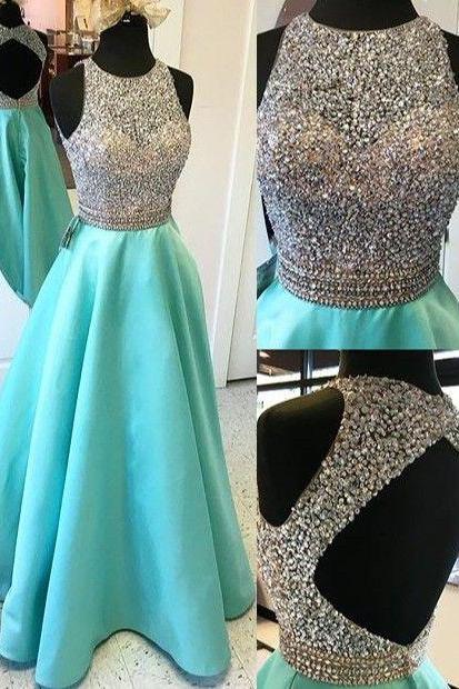 Luxurious A-line Beaded Scoop Long Prom Dress with Open Back, Party Prom Dresses, Open Back Satin Prom Dresses,Modest Evening Dresses, Stunning Mint Green Backless A-line Beading Prom Dresses for Teens