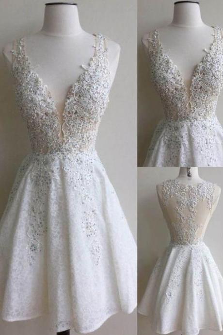 Hot Sale Homecoming Dress, Ivory Lace Homecoming Dress,Short Prom Dress, Special Ocassion Dress, White Prom Dress,Gorgeous V-neck Prom Dress,Formal Prom Dress,Graduation Dress,Party Dress, Prom Dress for Weddings and Events