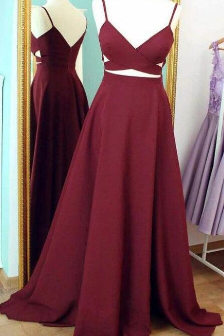 Two Piece Straps Burgundy Long Prom Dress, Formal Evening Dress, Red Prom Dress, Long Prom Dress,