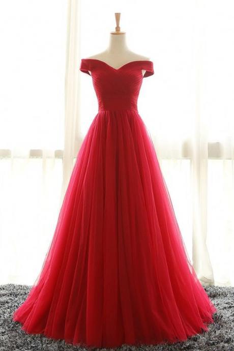 Tulle Prom Dress, Long Prom Dress, Woman Evening Dress, Full Length Off Shoulder Sleeves Red Bridesmaid Dresses, Long Formal Dresses, Cheap Prom Dress