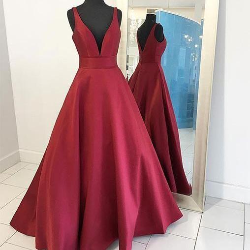 Cheap Red V Neck Prom Dress Floor Length, Simple Evening Dresses for Woman, Formal Gowns